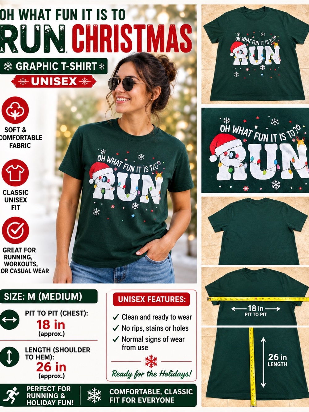 Christmas Running Graphic T-Shirt Unisex Medium M Green Holiday Runner Tee
